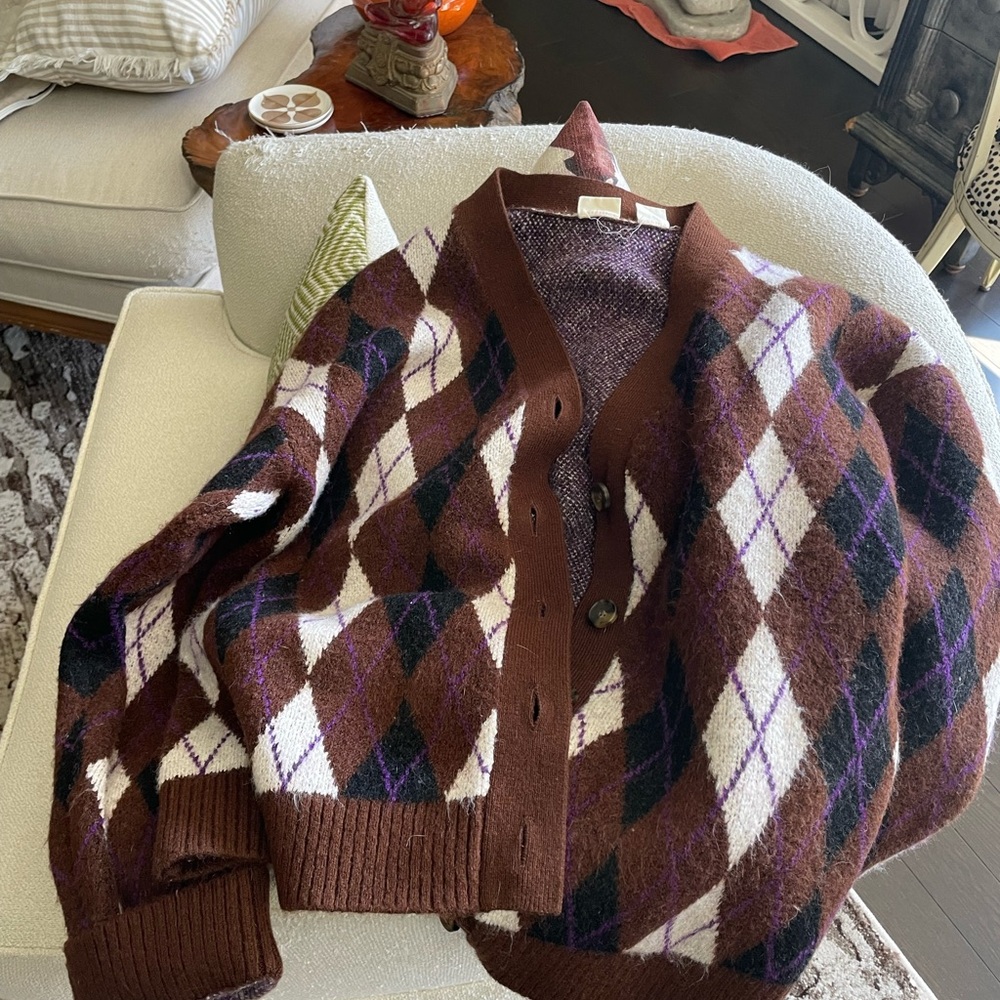 Levi's Brown Argyle Cardigan with Cream and purple accents